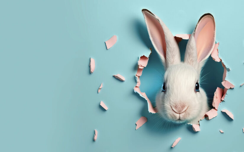 Niedlicher weißer Hase blickt neugierig durch Papierloch auf pastellblauem Hintergrund