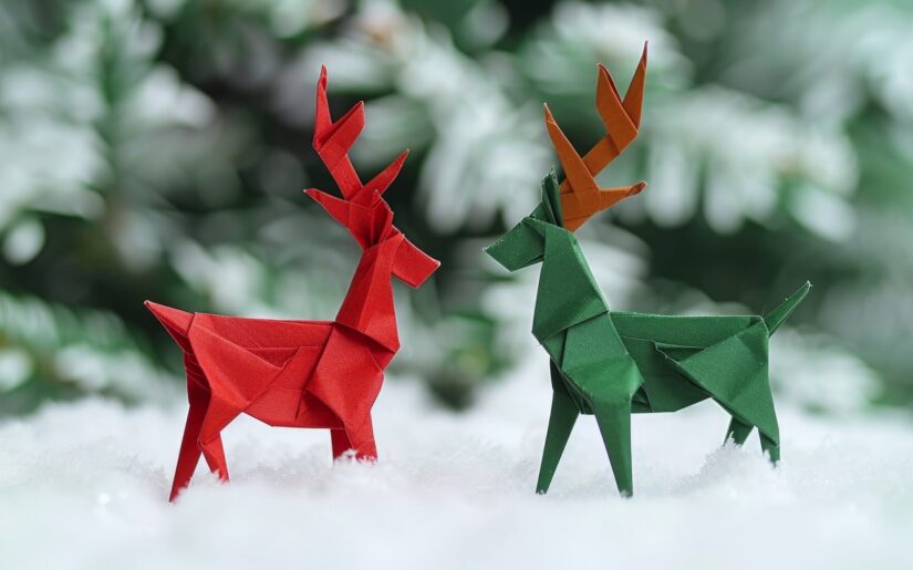 Weihnachtliche Origami-Rentiere in Rot und Grün – kreative Dekoration für die Adventszeit.