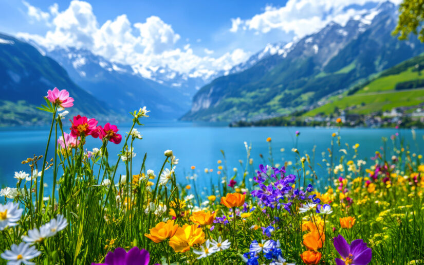 Bunte Alpenblumen am Ufer des Vierwaldstättersees in der Schweiz mit Bergpanorama.