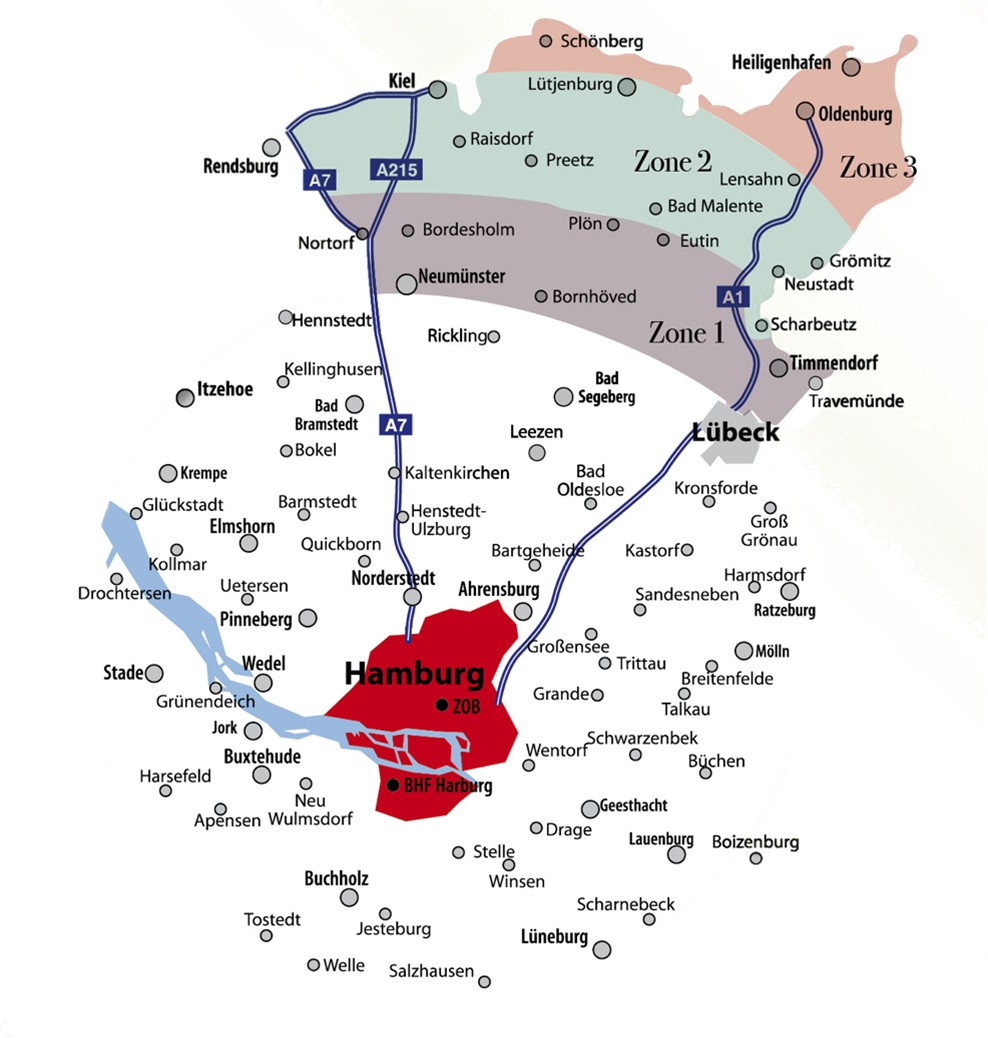 Zustiegskarte für Busreisen mit Haustürabholung ab Hamburg und Umgebung. Darstellung der Abfahrtszonen von Hamburg über Lübeck, Kiel, Rendsburg, Neumünster und Lüneburg bis nach Oldenburg