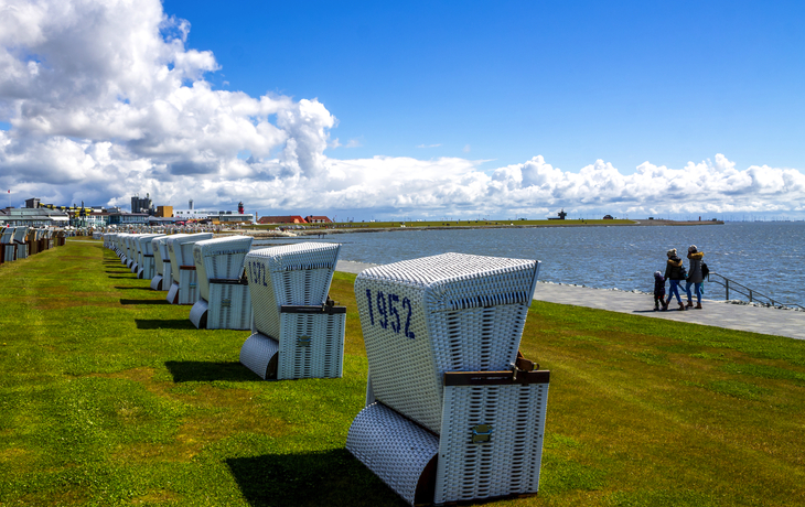Strandkörbe auf einer Wiese am Meer, blauer Himmel mit Wolken.