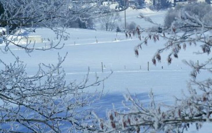 Verschneite Ortsansicht mit Kirche und umliegender Landschaft im Winter.