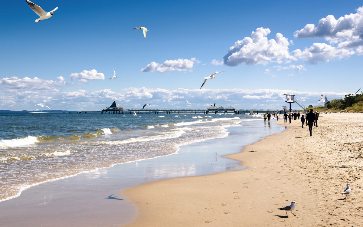 Strandpromenade mit Möwen und Menschen, Holzsteg im Hintergrund bei blauem Himmel.