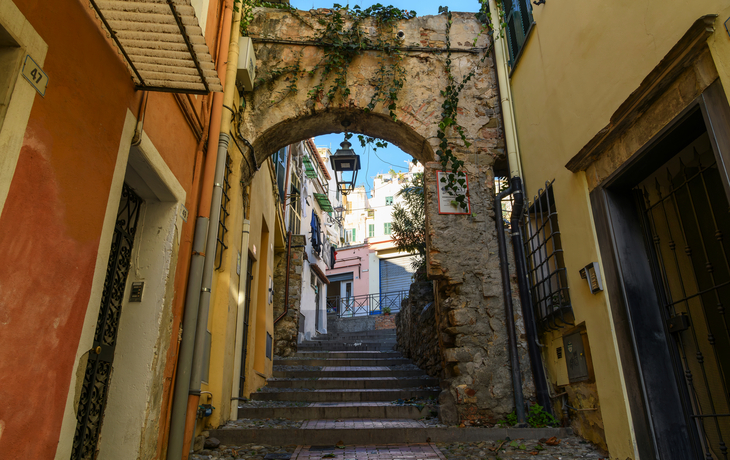 Treppenstraße mit steinernem Bogen und überwachsenen Pflanzen in einer Altstadt. Sanremo