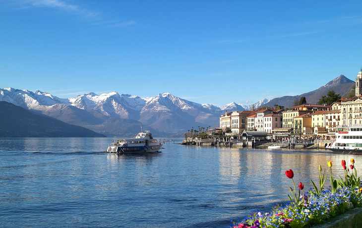 Stadt am See mit Bergen im Hintergrund und Blumen im Vordergrund.