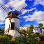 Traditionelle Windmühle in einer Landschaft mit blauem Himmel und Wolken.