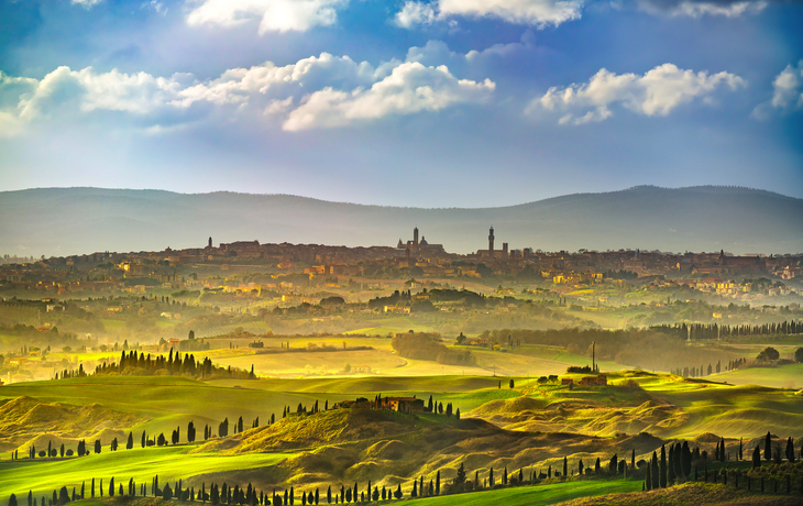 Hügellandschaft mit Zypressen und Stadt im Hintergrund bei bewölktem Himmel.