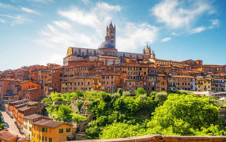 Historische Stadtlandschaft mit einer Kathedrale im Hintergrund unter blauem Himmel.