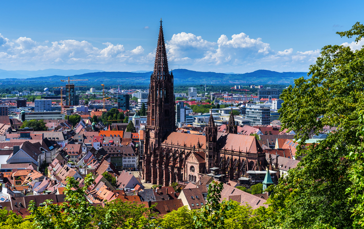 Panorama von Freiburg mit dem Münster im Zentrum und Bergen im Hintergrund.