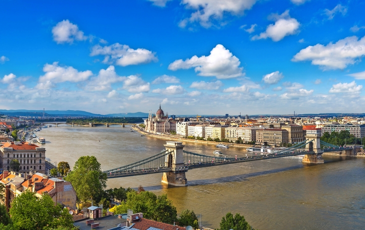 Panorama von Budapest mit Kettenbrücke und Donau unter blauem Himmel.