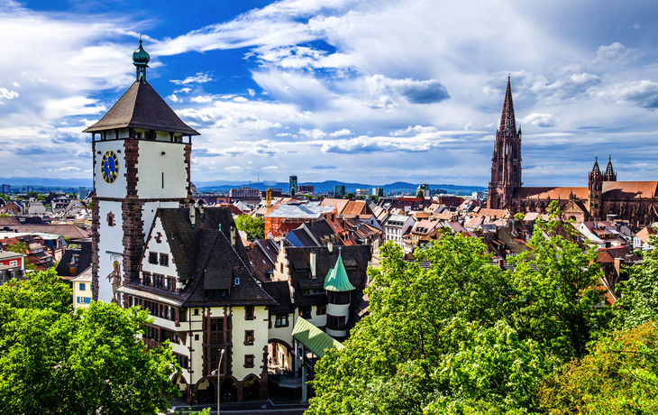 Stadtansicht mit historischem Turm und gotischem Dom, bewölkter Himmel im Hintergrund.