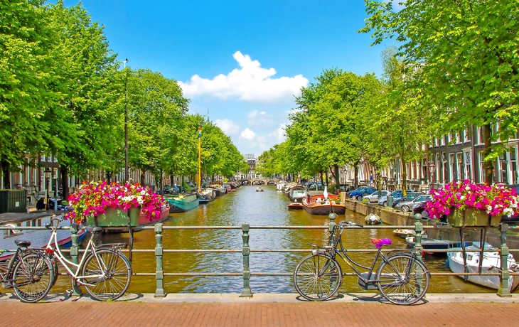 Kanal in Amsterdam gesäumt von Bäumen und Blumen mit Fahrrädern auf einer Brücke im Vordergrund.