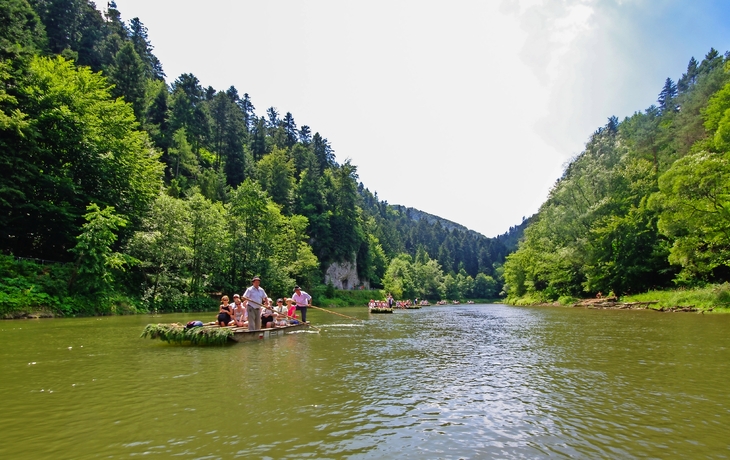 Menschen fahren auf einem Holzfloß einen Fluss hinunter, umgeben von einer bewaldeten Landschaft.