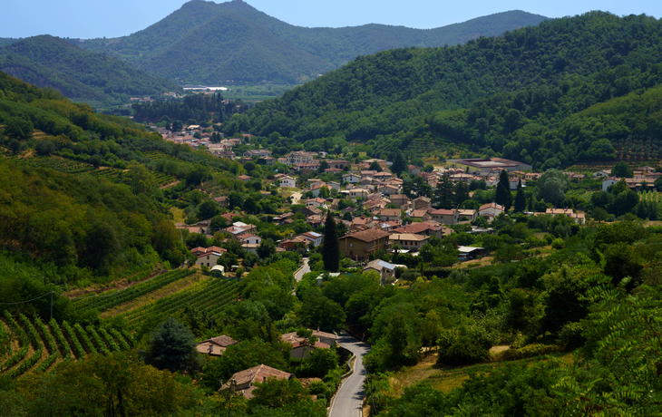 Kleines Dorf inmitten grüner Hügel und Täler mit Weinbergen und bewaldeten Flächen.