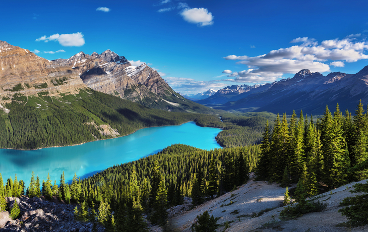 Bergsee mit türkisblauem Wasser, umgeben von Wäldern und Bergen bei klarem Himmel.