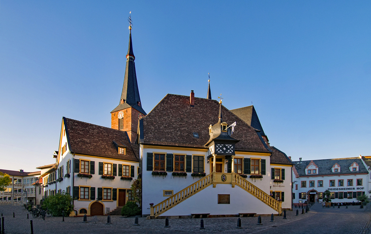 Marktplatz von Deidesheim in Rheinland-Pfalz mit Kirche und historischem Rathaus bei klarem Himmel.