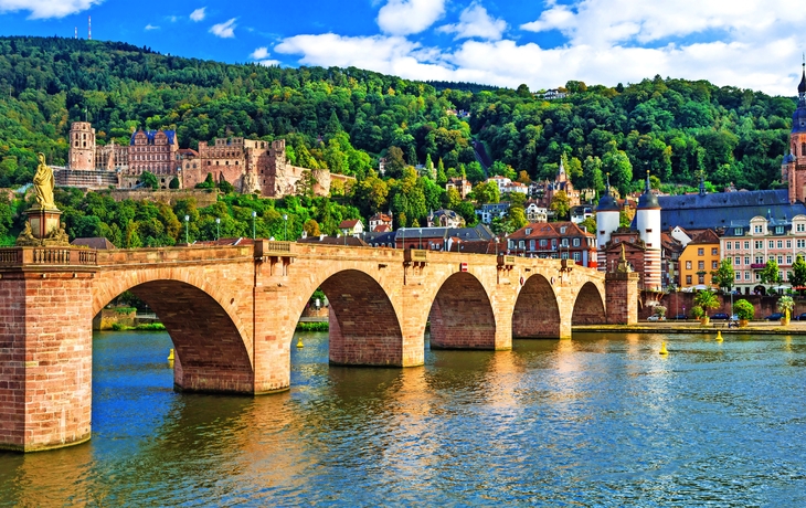 Alte Brücke in Heidelberg mit Schloss im Hintergrund, sonniger Tag.