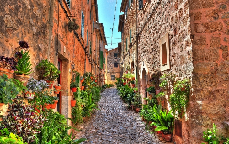 Schmale gepflasterte Gasse mit blumengeschmückten Steinwänden bei Tageslicht.