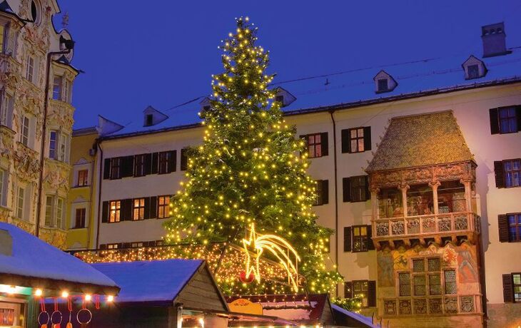 Weihnachtsbaum mit Lichtern steht vor historischen Gebäuden.